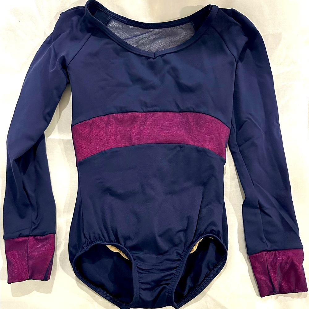 Body Wrappers Premiere Collection Girls Navy/Hot Pink Long Sleeve Leotard 8/10